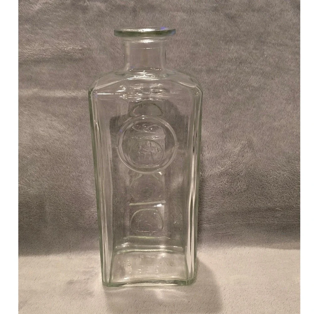 Vintage Clear Glass Square Decanter Embossed Coin Medallions 8.75